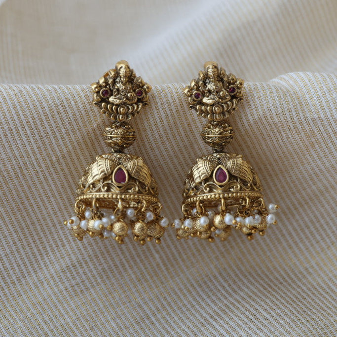 Antique gold ruby stone temple design jumka earrings AJ23344-2