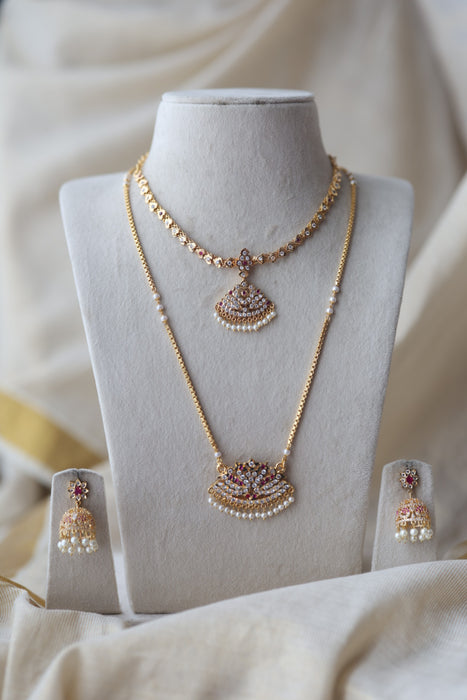 Heritage gold plated ruby white stone padakam long and short necklace with earrings HPS1390