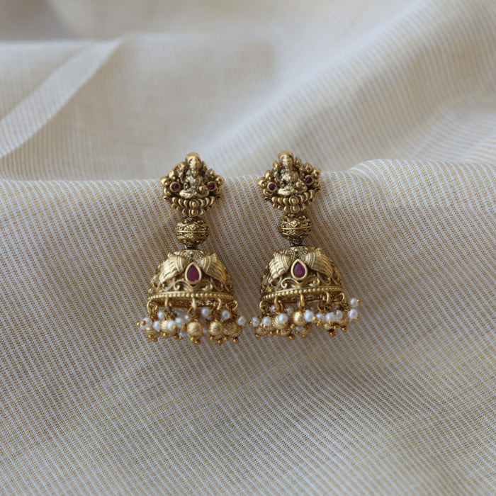 Antique gold ruby stone temple design jumka earrings AJ23344-2