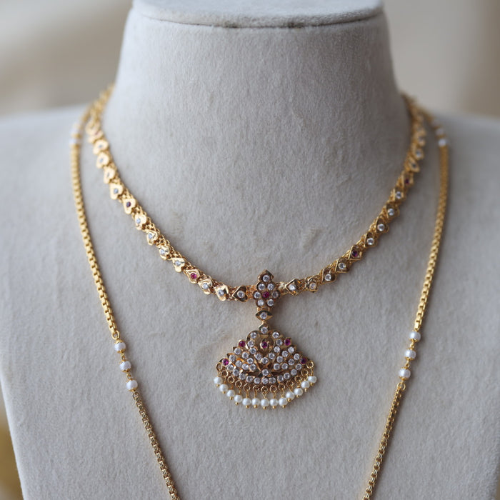 Heritage gold plated ruby white stone padakam long and short necklace with earrings HPS1390