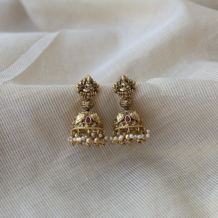 Antique gold ruby stone temple design jumka earrings AJ23344-2