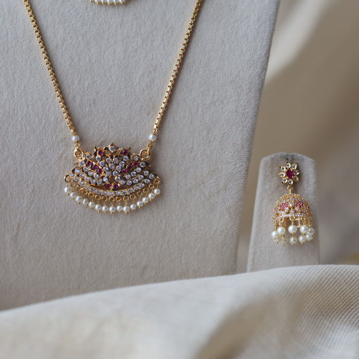 Heritage gold plated ruby white stone padakam long and short necklace with earrings HPS1390