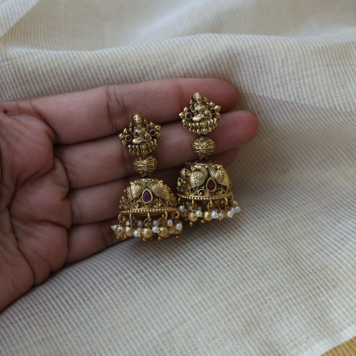 Antique gold ruby stone temple design jumka earrings AJ23344-2