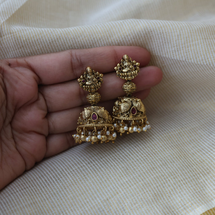 Antique gold ruby stone temple design jumka earrings AJ23344-2