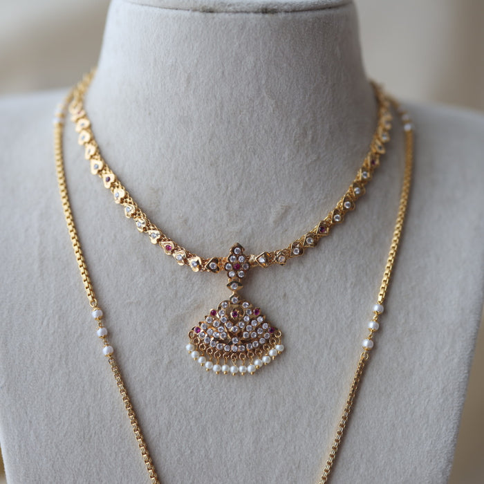 Heritage gold plated ruby white stone padakam long and short necklace with earrings HPS1390