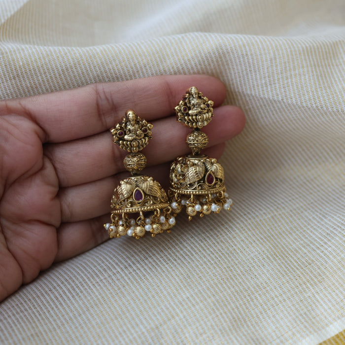 Antique gold ruby stone temple design jumka earrings AJ23344-2