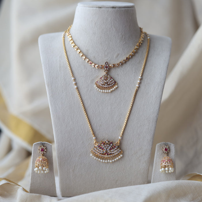 Heritage gold plated ruby white stone padakam long and short necklace with earrings HPS1390
