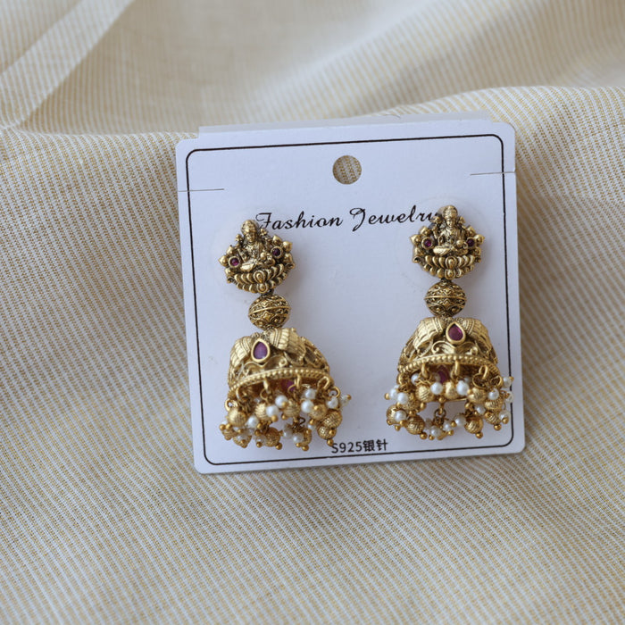 Antique gold ruby stone temple design jumka earrings AJ23344-2