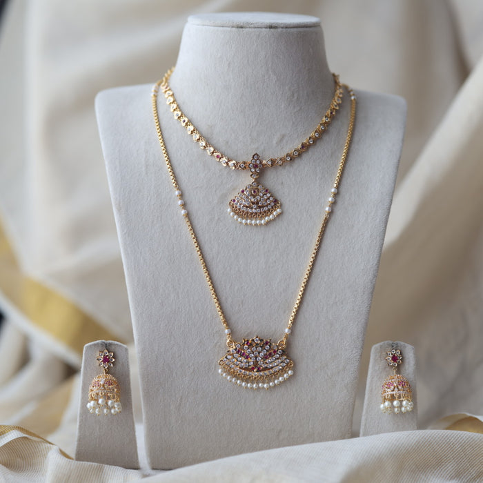 Heritage gold plated ruby white stone padakam long and short necklace with earrings HPS1390