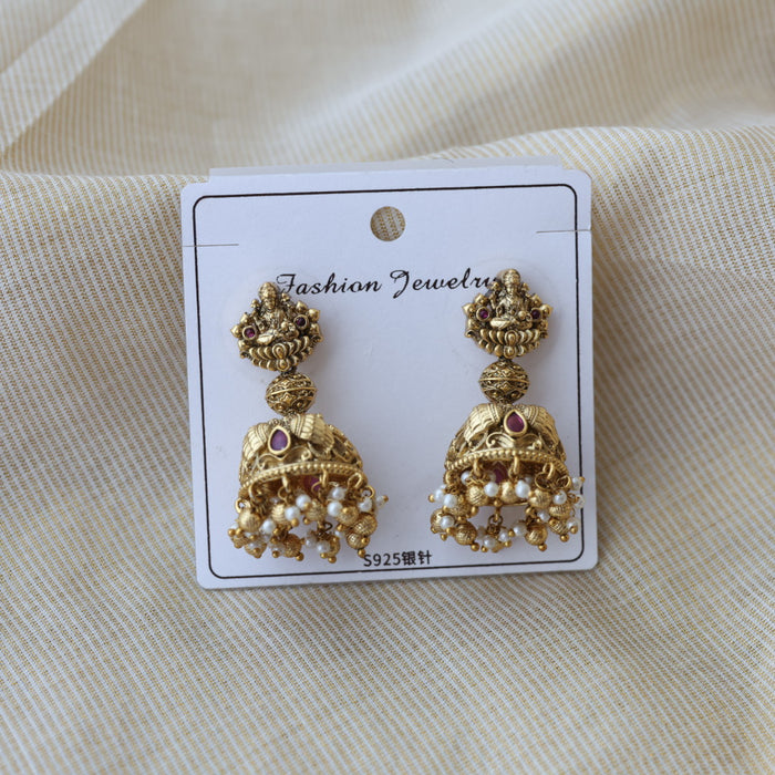 Antique gold ruby stone temple design jumka earrings AJ23344-2