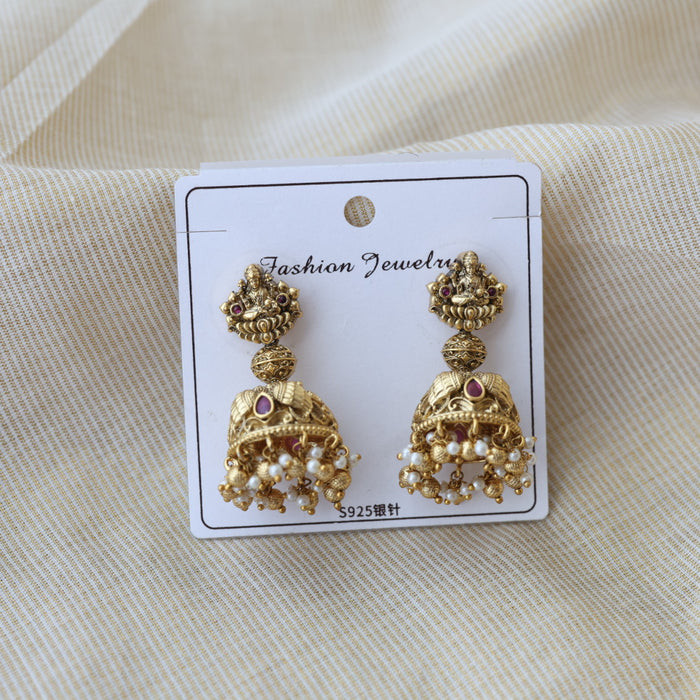 Antique gold ruby stone temple design jumka earrings AJ23344-2
