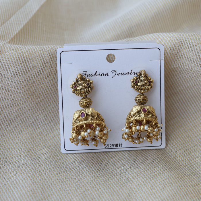 Antique gold ruby stone temple design jumka earrings AJ23344-2