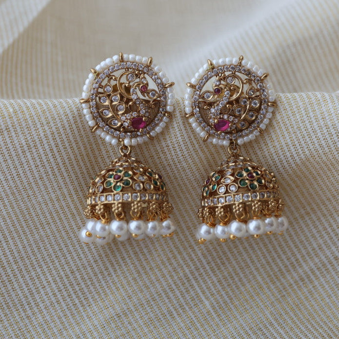 Antique gold multi stone jumka earrings AJ11124-2