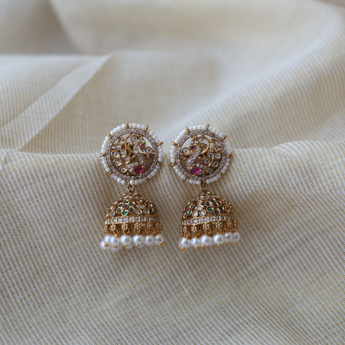 Antique gold multi stone jumka earrings AJ11124-2