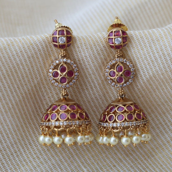 Antique gold ruby stone jumka earrings AJ27222-3