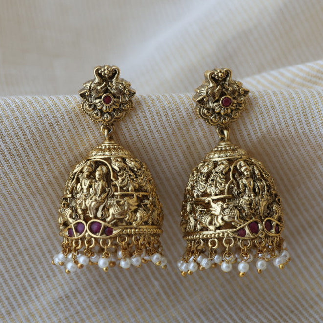 Antique gold ruby stone temple design jumka earrings AJ28004-2