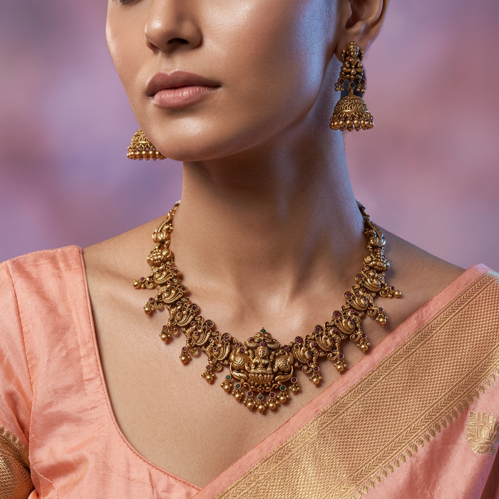 Antique temple design short necklace with earrings SS116543