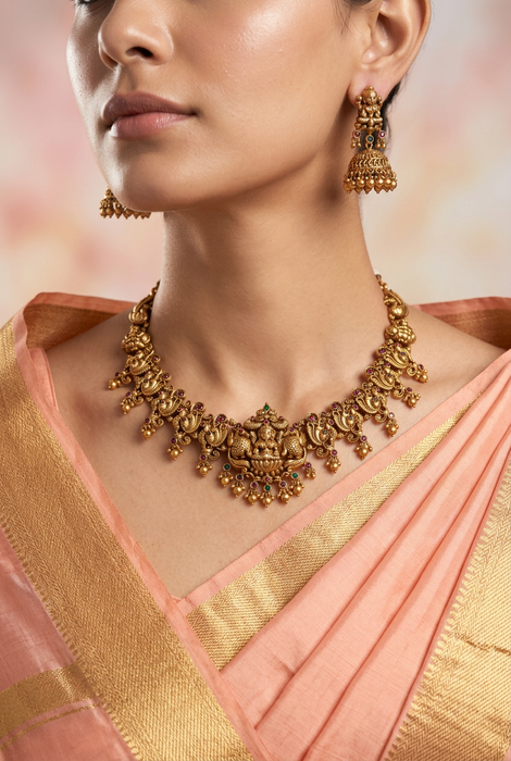 Antique temple design short necklace with earrings SS116543