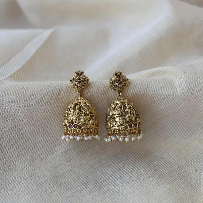 Antique gold ruby stone temple design jumka earrings AJ28004-2