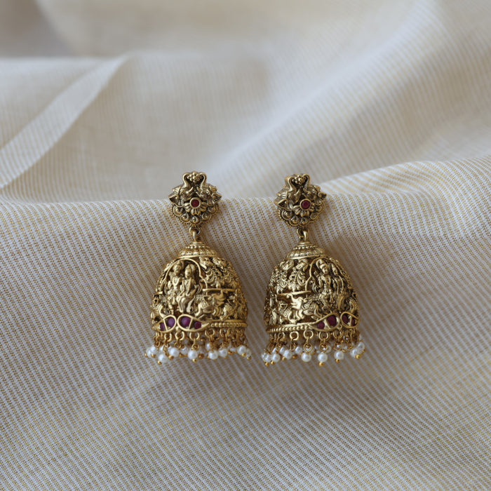 Antique gold ruby stone temple design jumka earrings AJ28004-2
