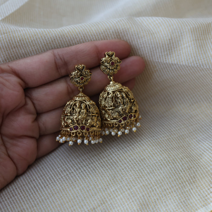 Antique gold ruby stone temple design jumka earrings AJ28004-2