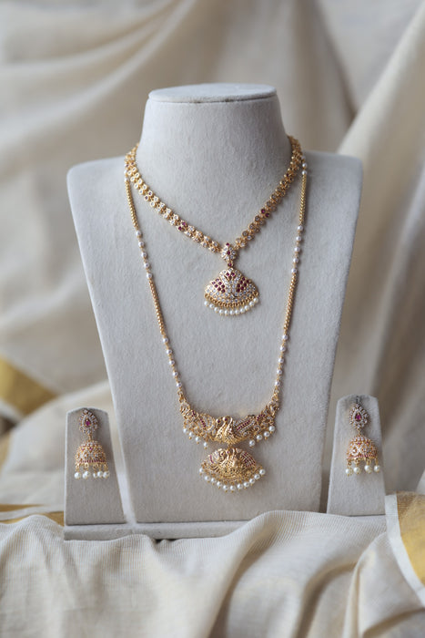 Heritage gold plated ruby white stone padakam long and short necklace with earrings HPS881