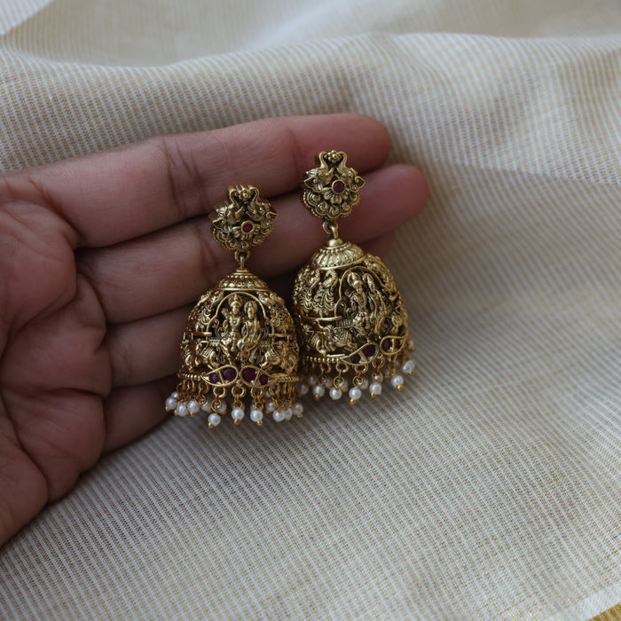 Antique gold ruby stone temple design jumka earrings AJ28004-2