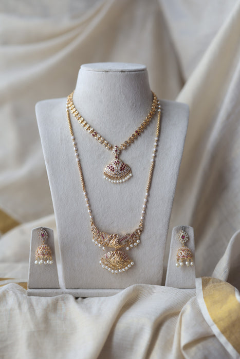 Heritage gold plated ruby white stone padakam long and short necklace with earrings HPS881