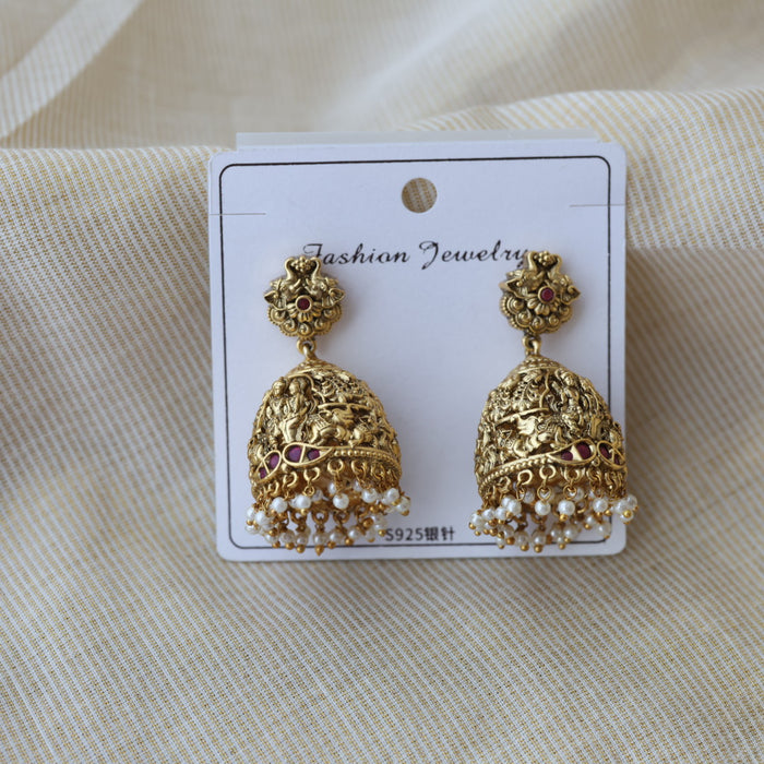 Antique gold ruby stone temple design jumka earrings AJ28004-2