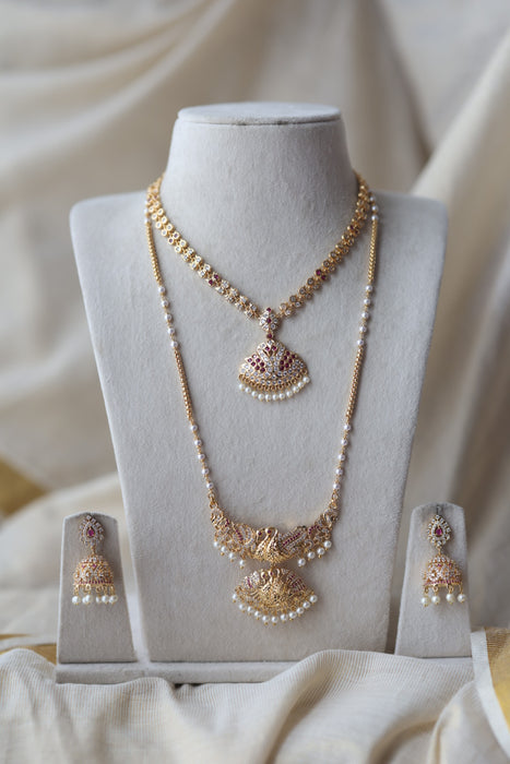 Heritage gold plated ruby white stone padakam long and short necklace with earrings HPS881