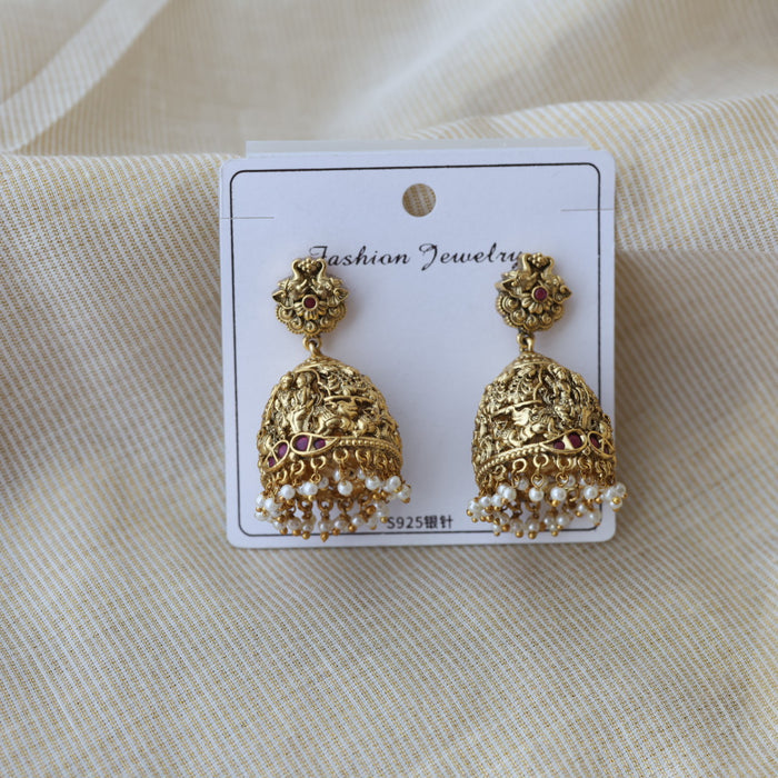 Antique gold ruby stone temple design jumka earrings AJ28004-2
