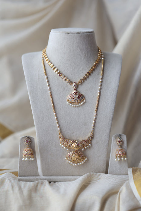 Heritage gold plated ruby white stone padakam long and short necklace with earrings HPS881