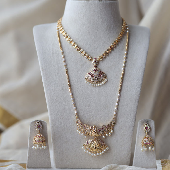 Heritage gold plated ruby white stone padakam long and short necklace with earrings HPS881