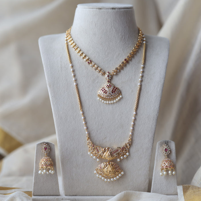 Heritage gold plated ruby white stone padakam long and short necklace with earrings HPS881