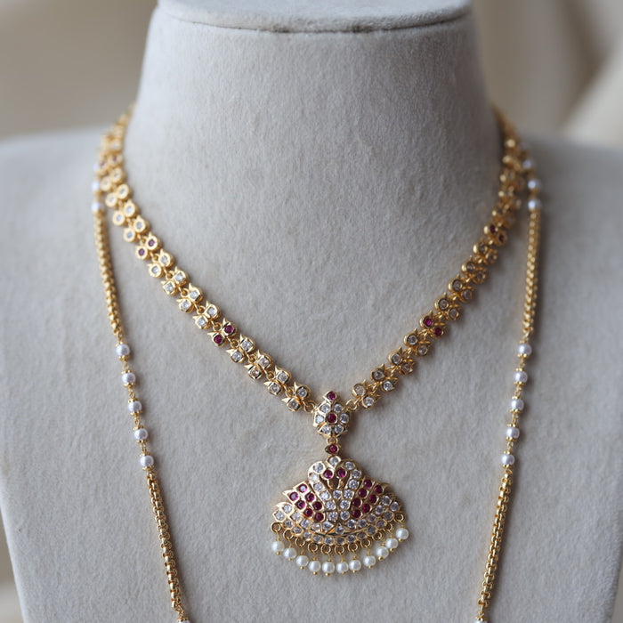 Heritage gold plated ruby white stone padakam long and short necklace with earrings HPS881