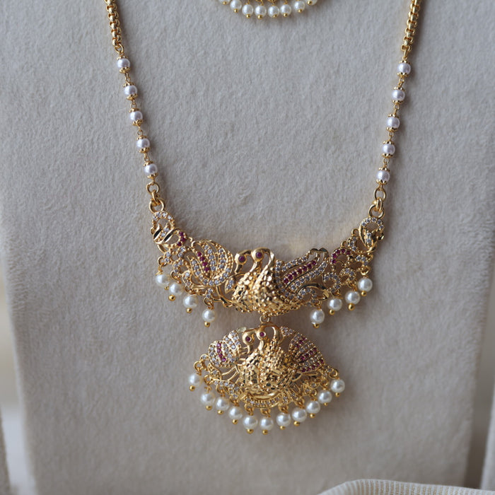 Heritage gold plated ruby white stone padakam long and short necklace with earrings HPS881