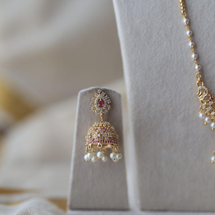 Heritage gold plated ruby white stone padakam long and short necklace with earrings HPS881