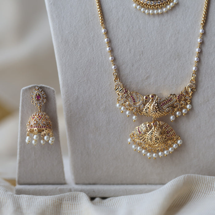 Heritage gold plated ruby white stone padakam long and short necklace with earrings HPS881