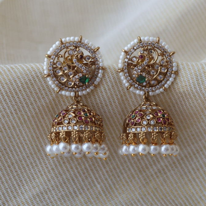 Antique gold multi stone jumka earrings AJ17783-2