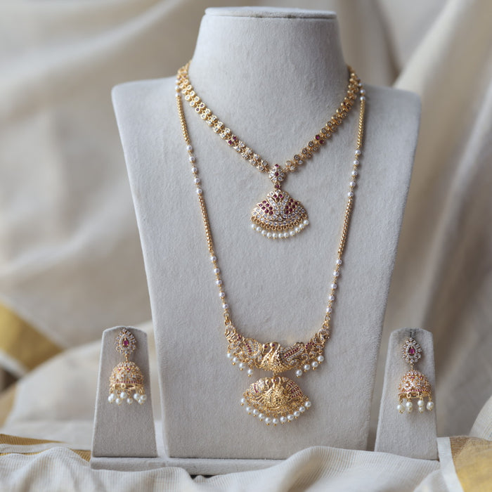 Heritage gold plated ruby white stone padakam long and short necklace with earrings HPS881
