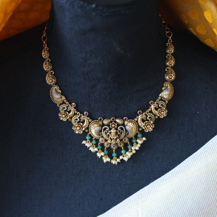 HAntique green bead short necklace with earrings AG0435