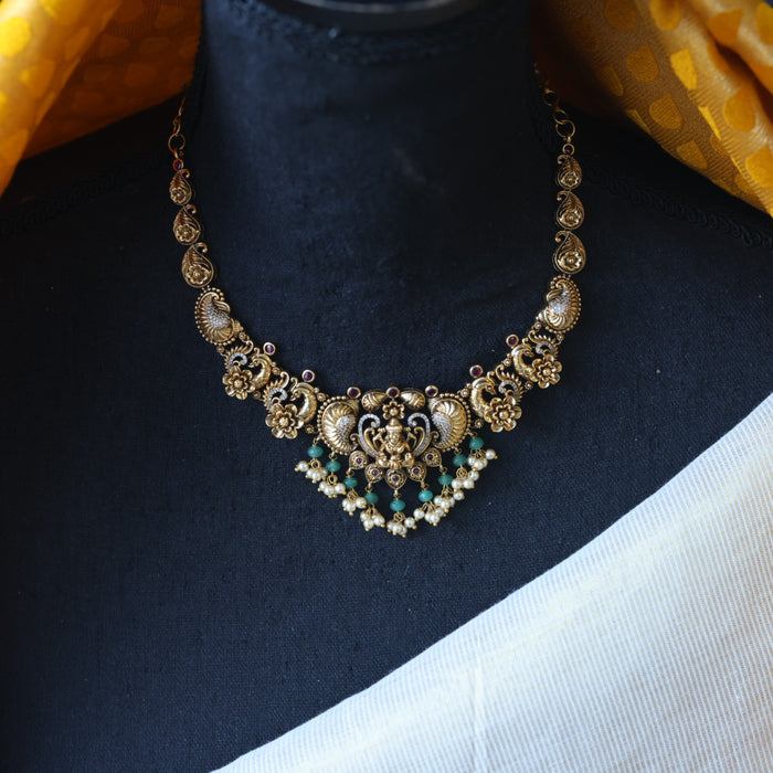 HAntique green bead short necklace with earrings AG0435