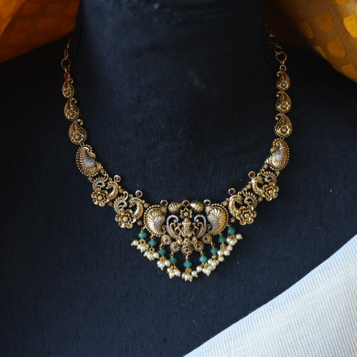 HAntique green bead short necklace with earrings AG0435