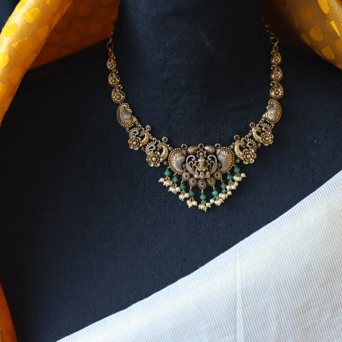 HAntique green bead short necklace with earrings AG0435