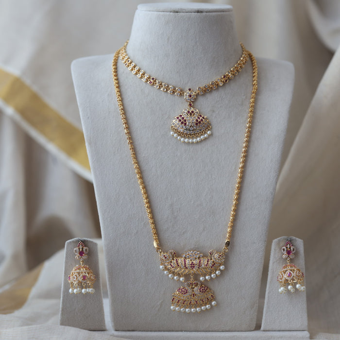 Heritage gold plated ruby white stone padakam long and short necklace with earrings HPS134