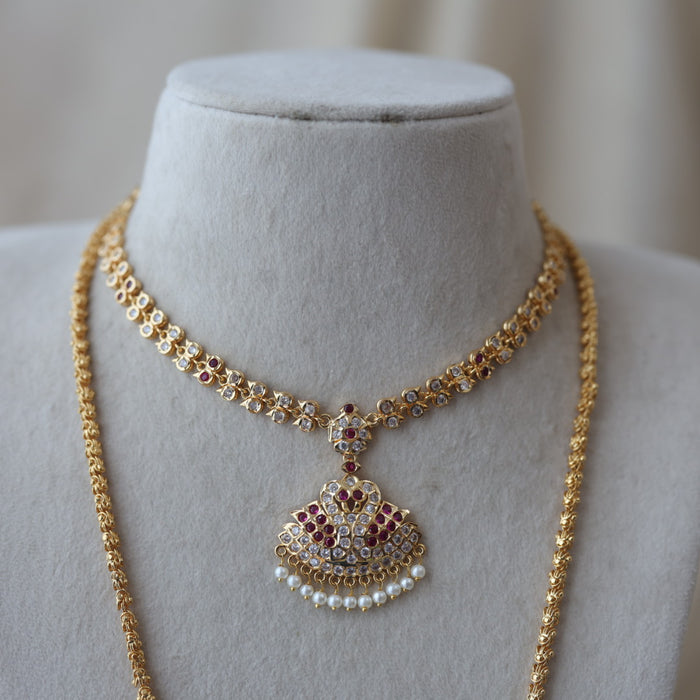Heritage gold plated ruby white stone padakam long and short necklace with earrings HPS134