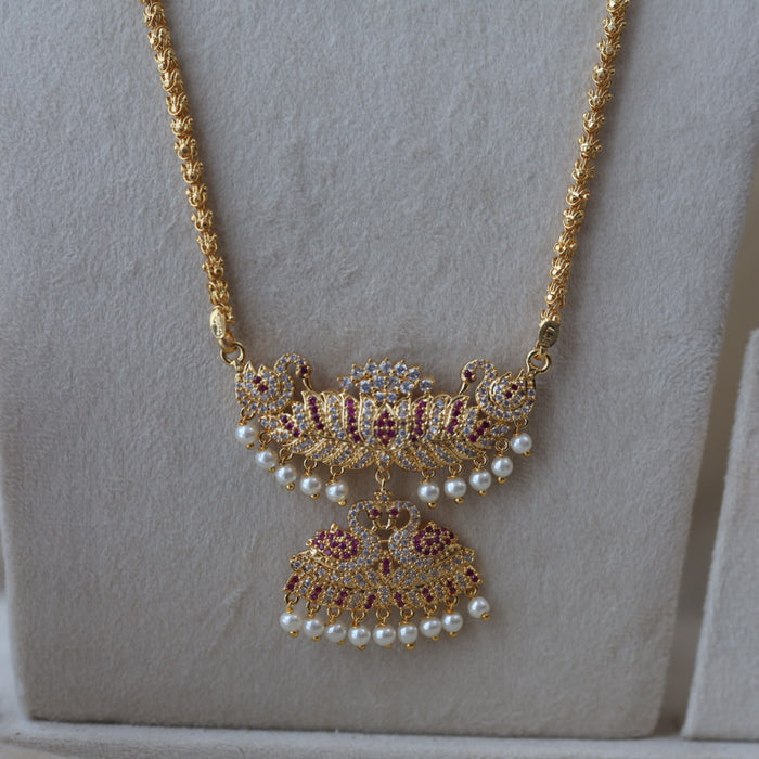 Heritage gold plated ruby white stone padakam long and short necklace with earrings HPS134