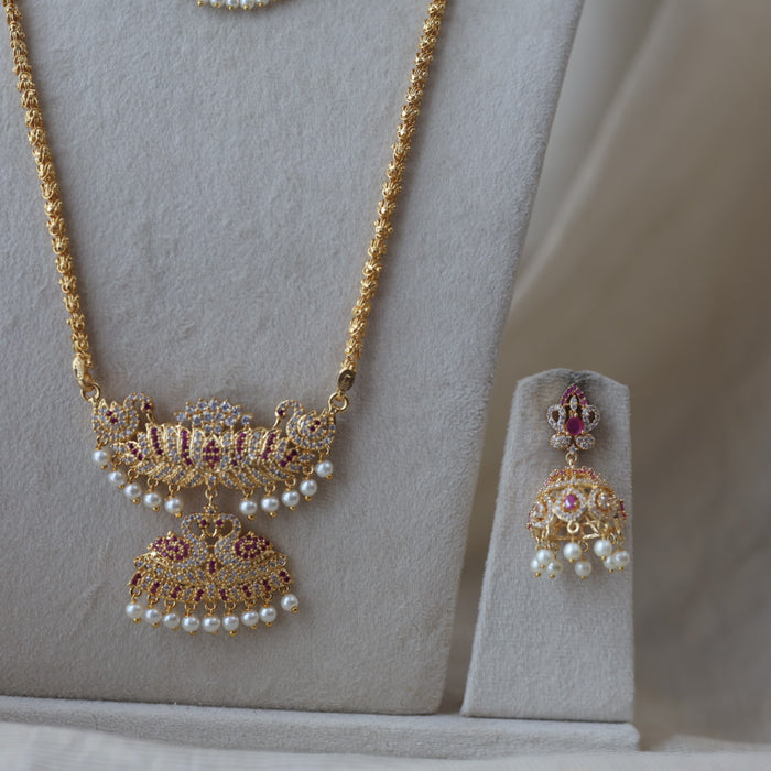 Heritage gold plated ruby white stone padakam long and short necklace with earrings HPS134