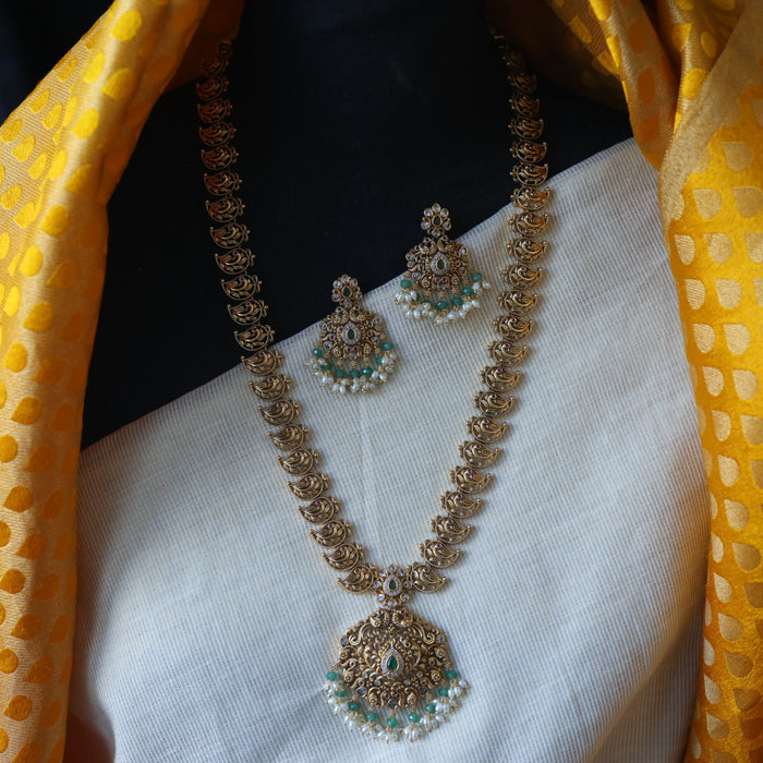 Antique green bead short necklace with earrings AG06887