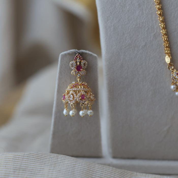 Heritage gold plated ruby white stone padakam long and short necklace with earrings HPS134